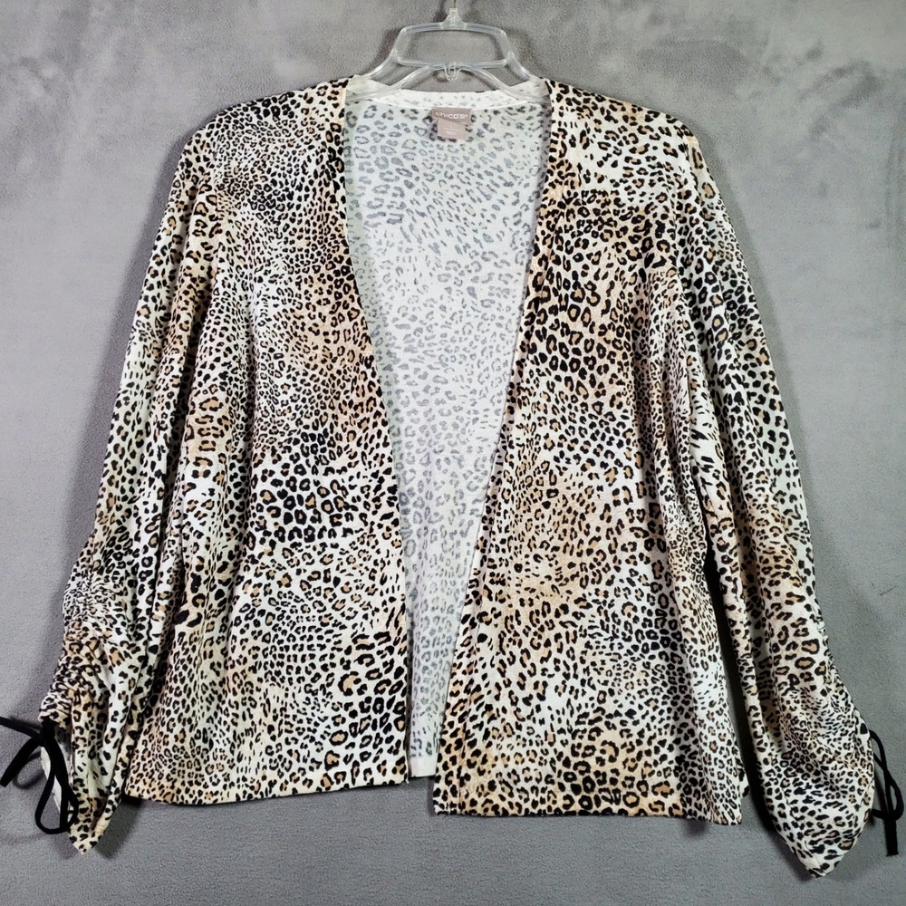 Chico's Cardigan Women Size M Leopard Animal Print Ruched Tie Sleeve Mob Wife